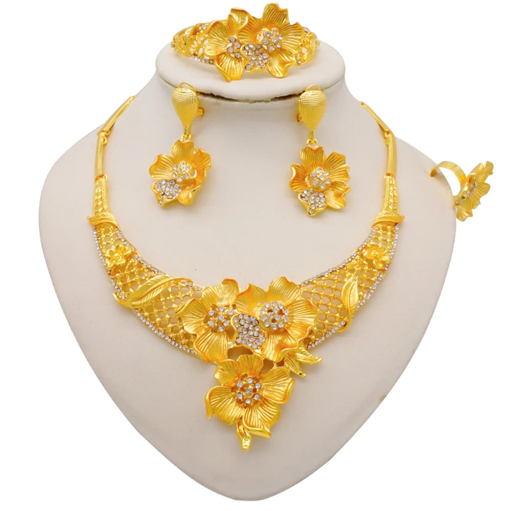 Dubai Gold Color Jewelry Set For Woman Bridal Nigerian African Long Chain Necklace Earrings Bracelet Ring Jewellery Set