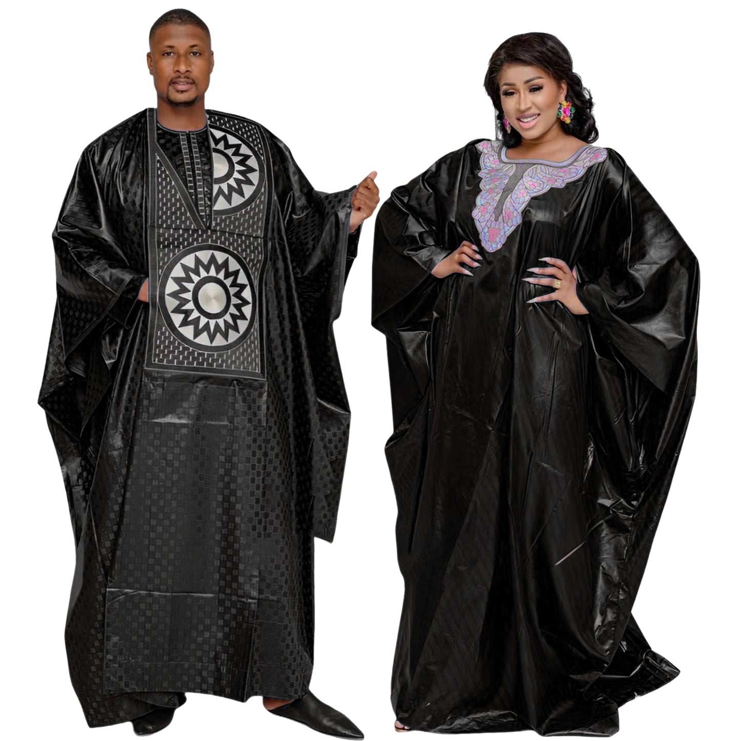 African Dresses For Couples Traditional  Bazin Embroidery Dresses Floor Length Dress With Scarf Couple Design