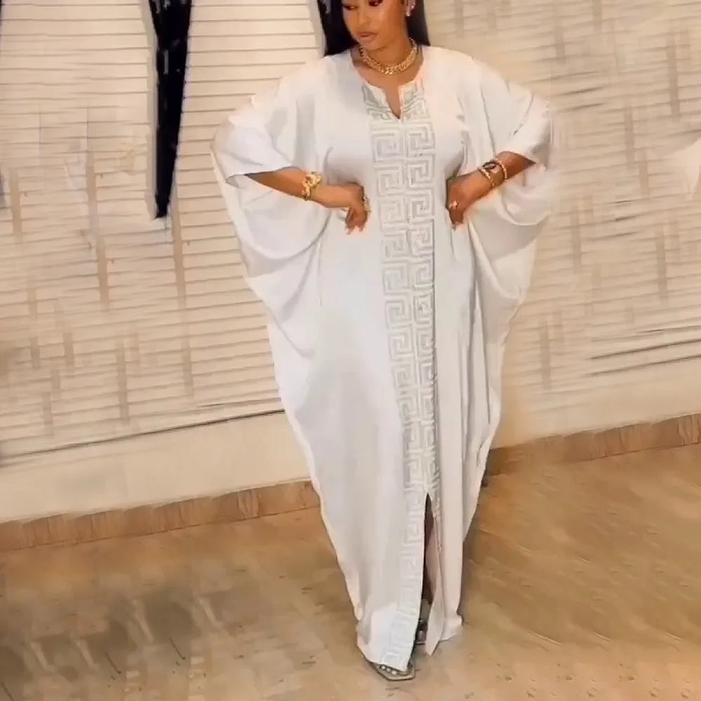 2025 High Quality African Women Plus Size Dress Bat Sleeve V Neck Robes Diamond Dashiki Maxi Dresses Muslim Femme Elegant Abayas