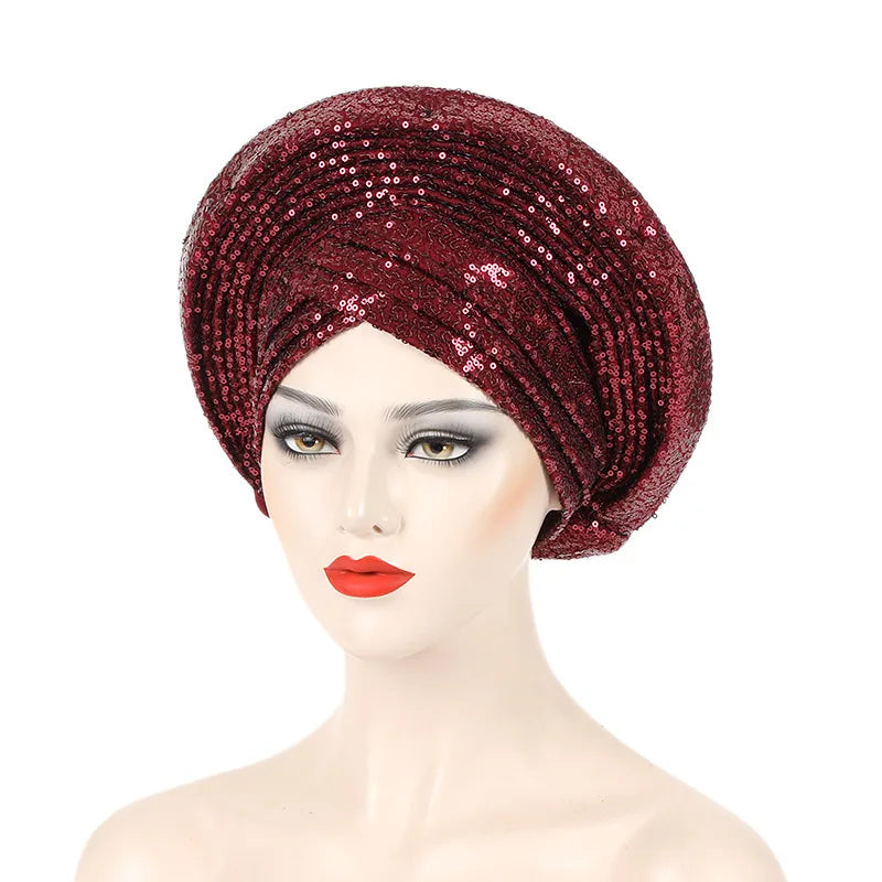 African Already Made Hat Auto Gele Women Hijab Headtie Nigeria Wedding Party Gele Female Head Wraps Headpiece Sequin Turban Caps