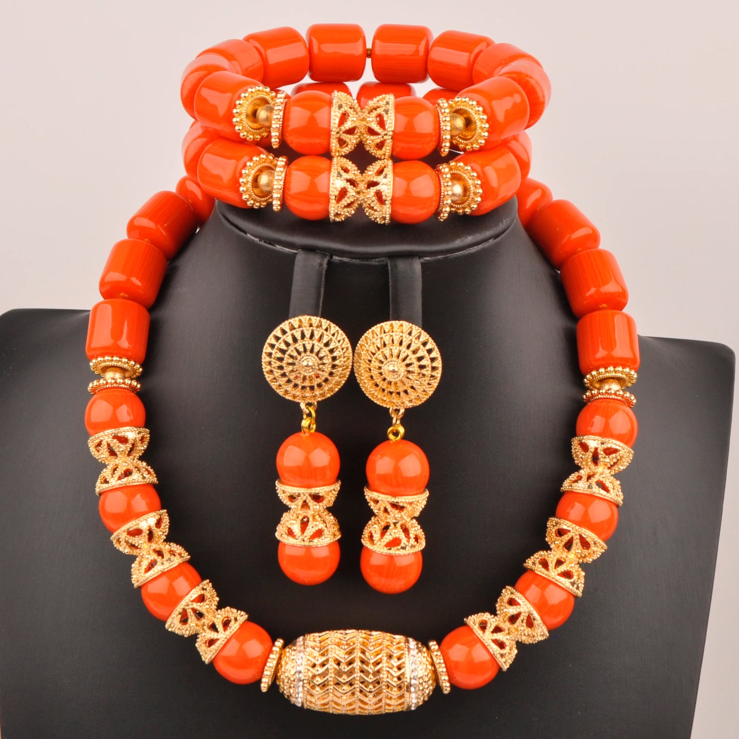 Orange Nigerian Artificial Coral Bead Necklace African Jewelry Sets