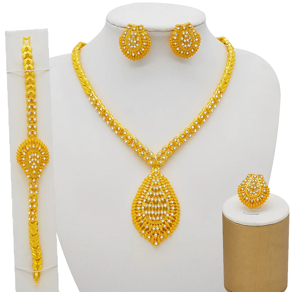 Nigeria Dubai Gold Color Fine Flowers Jewelry Sets African Wedding Gifts Party For Women Bracelet Necklace Earrings Ring Set