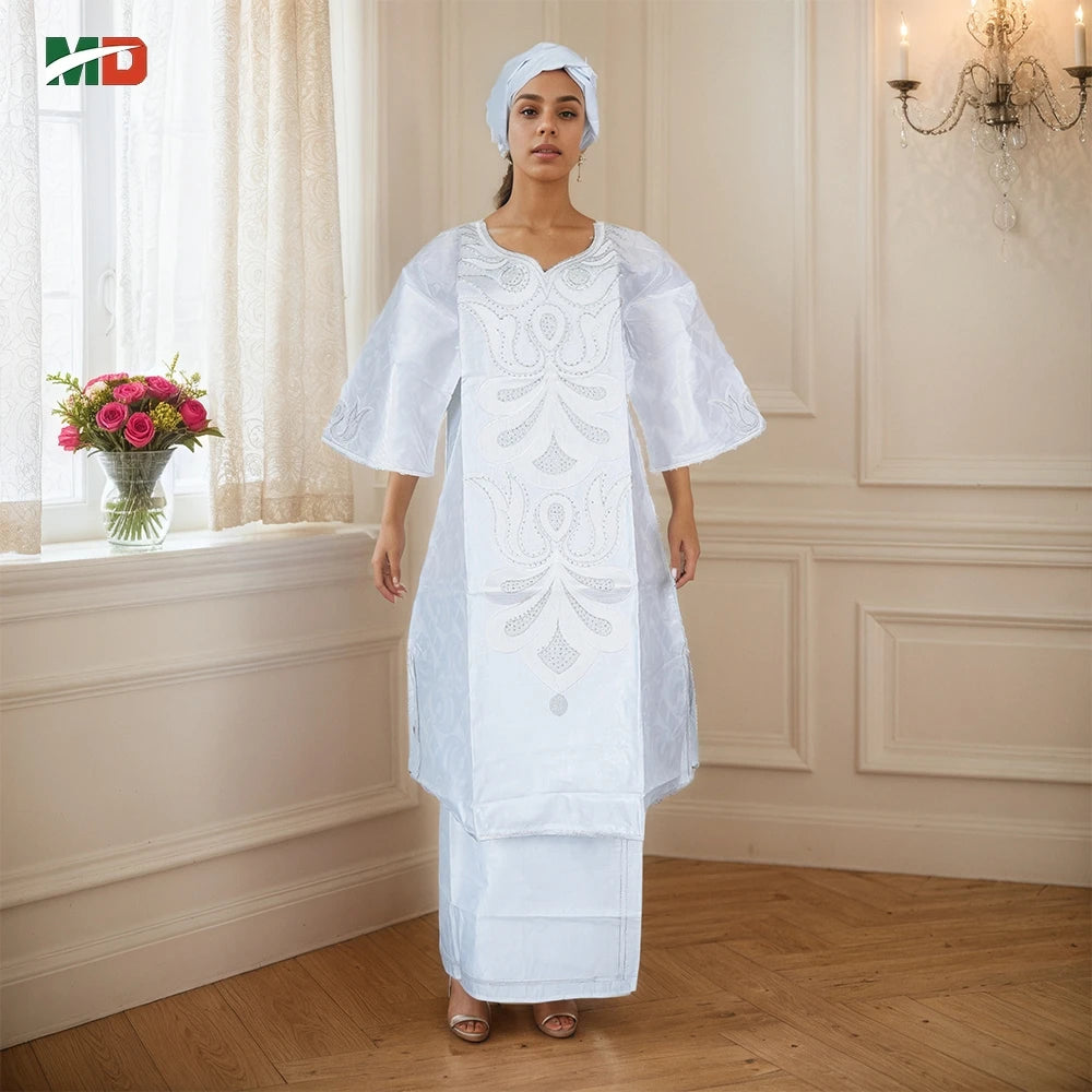 MD African Clothes For Women 2 PCS Sets Tops And Skirts Suits Bazin Riche Gown Dashiki Ankara Turkey Outfits Plus Size Dresses