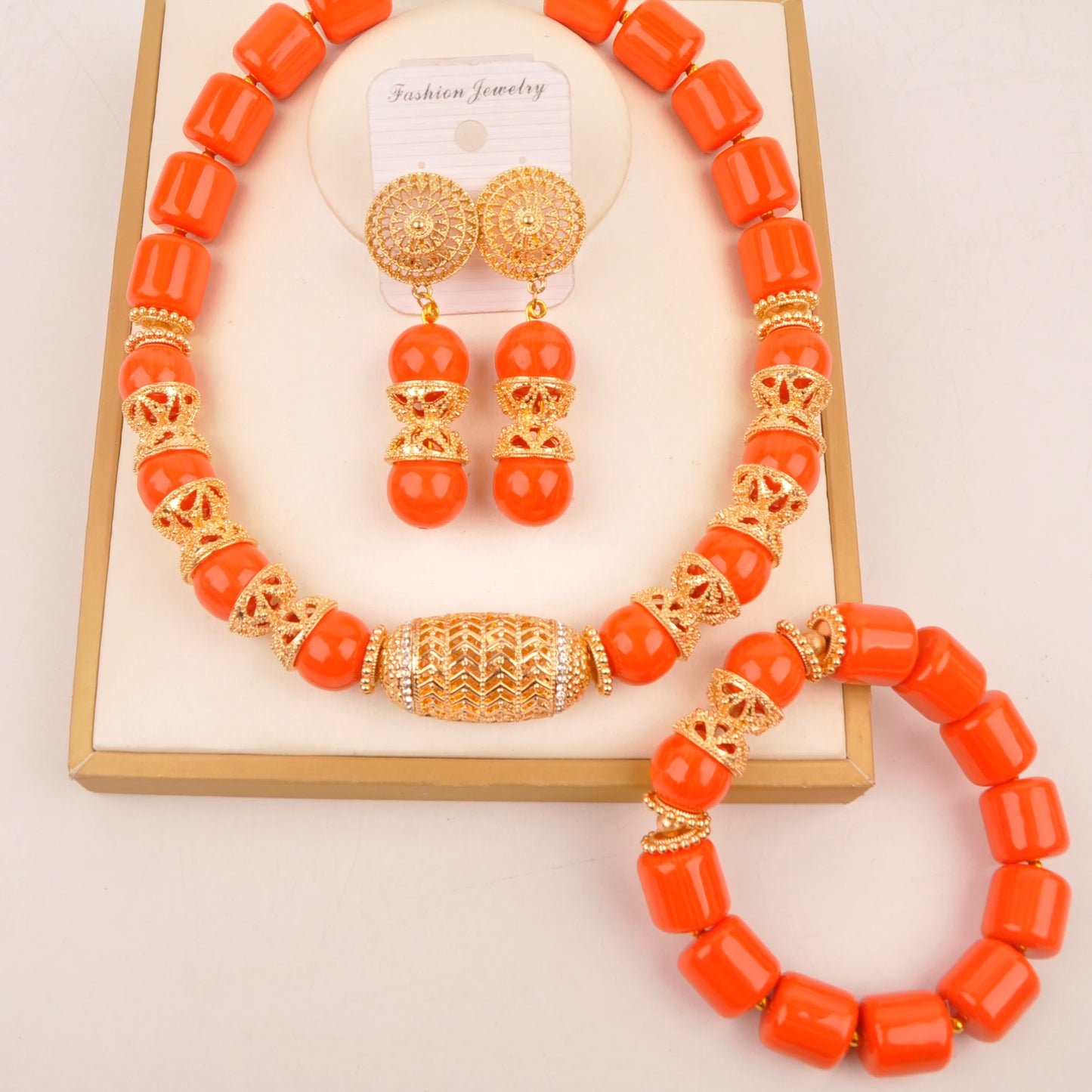 Orange Nigerian Artificial Coral Bead Necklace African Jewelry Sets