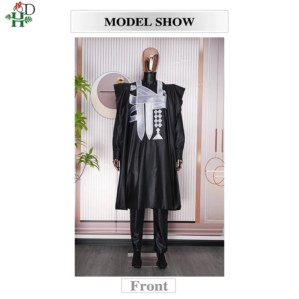 H&D African Clothes for Men Bazan Trads Wears Robe Shirt Pants 3 PCS Set Embroidery High -quality embroidery wedding dress