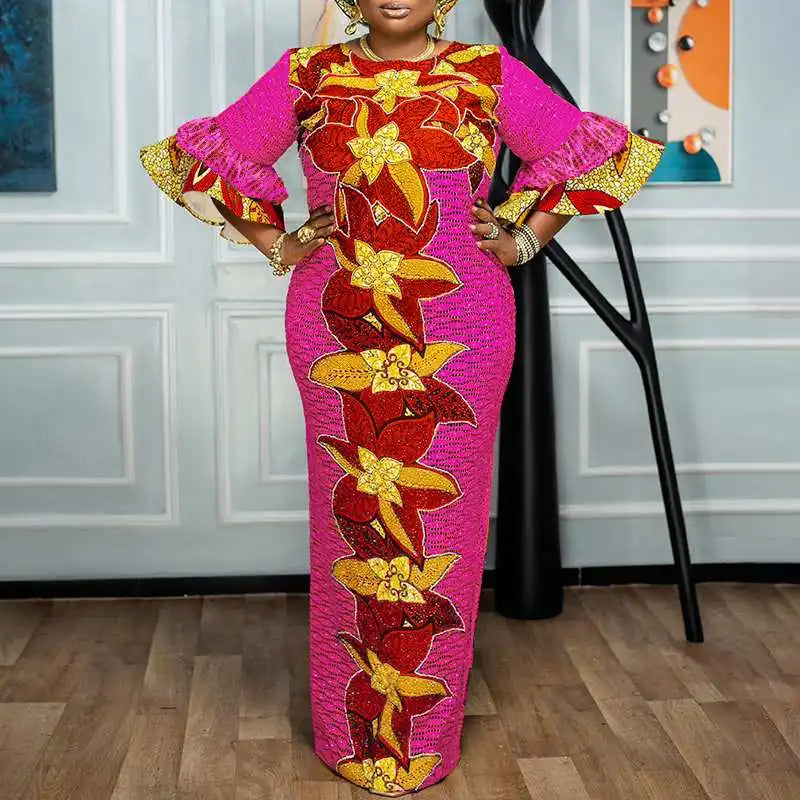 VONDA 2024 Fashion Women Elegant Maxi Dress Vintage Printed 3/4 Flare Sleeve Sundress Party Long Dress Casual Vestido Loose Robe