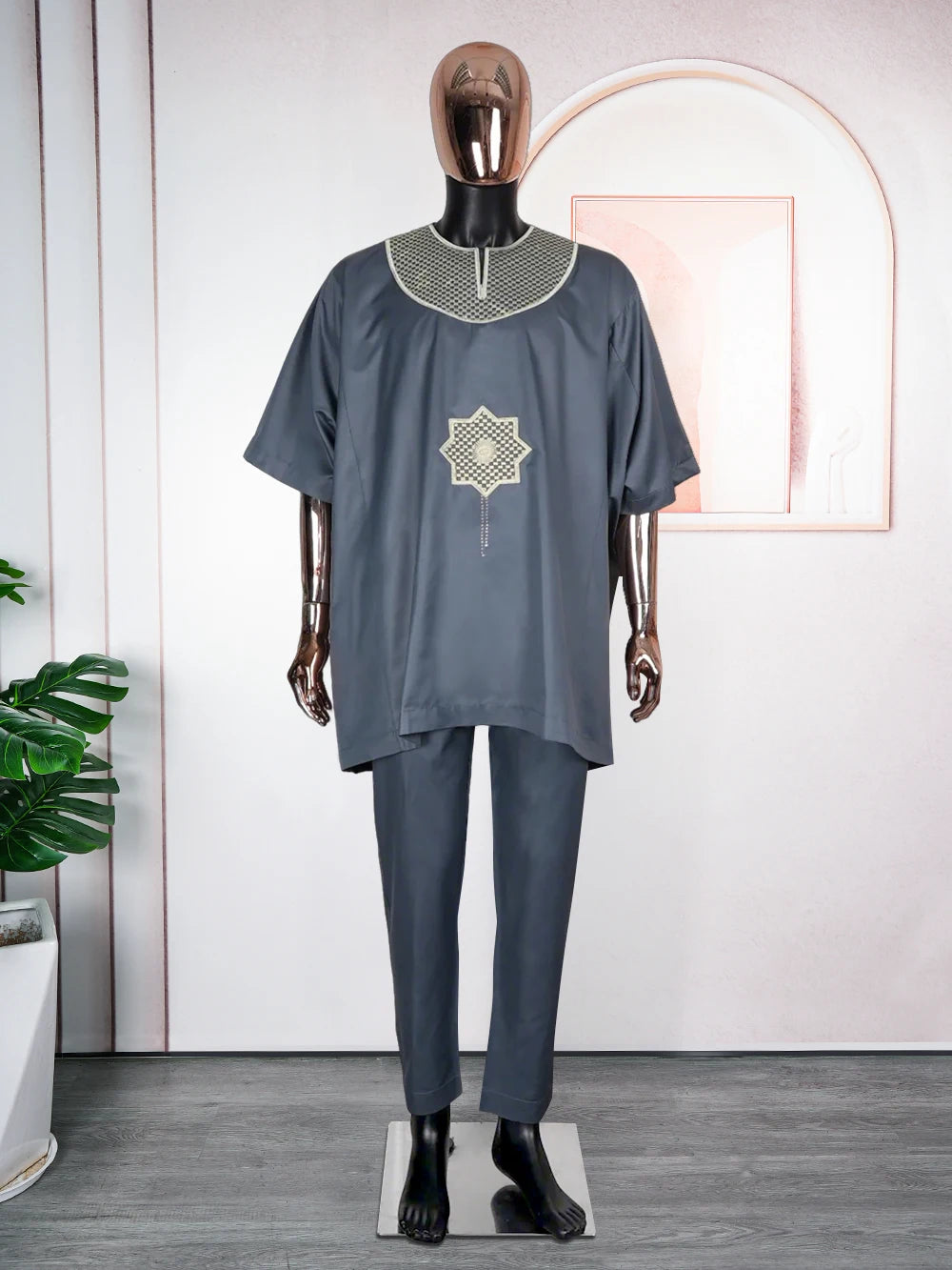 H&D African Clothes for Men 2 Pieces Set Elue Embroidered Tops and Pants Traditional Clothing Rich Bazin Original Wedding Party