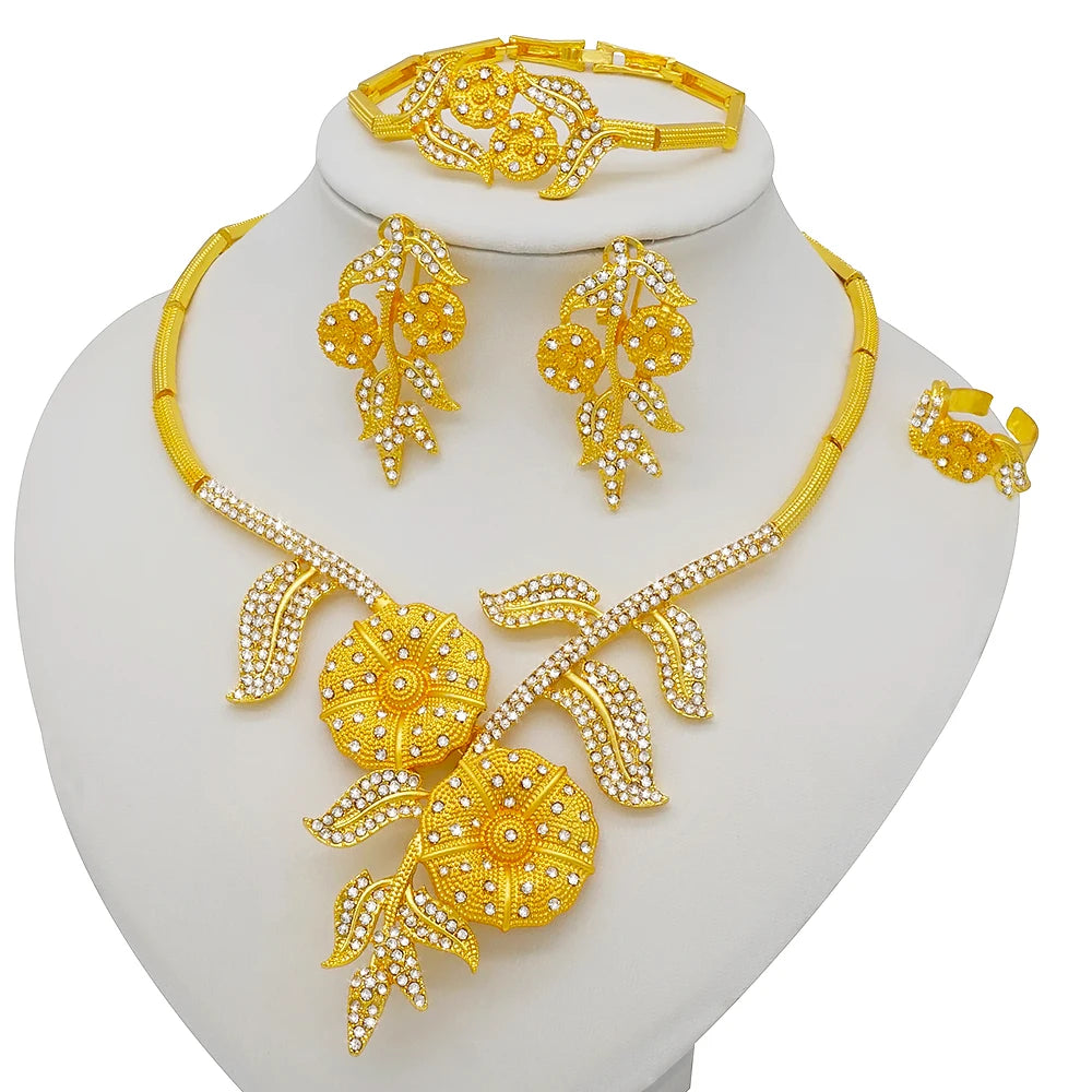 Nigeria Dubai Gold Color Fine Flowers Jewelry Sets African Wedding Gifts Party For Women Bracelet Necklace Earrings Ring Set