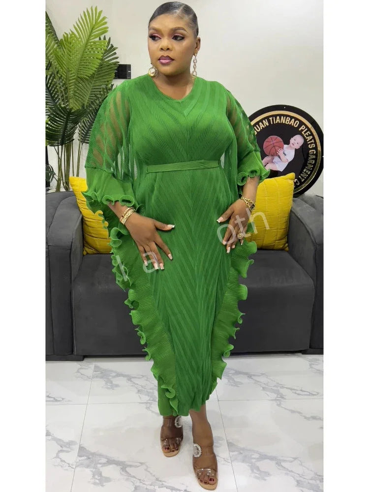 ANLAN Ruffles Pleated Dress Women V Neck Hanging Loose Style Dresses with Belt Female Elegant Clothing Spring 2025 New 2AN9083