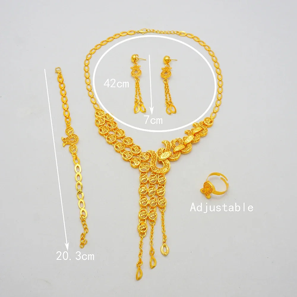 Arabic Women Gold Color Jewelry Sets Featured Round Pendant Earrings Rings Bracelets Suitable for Wedding Banquets Parties