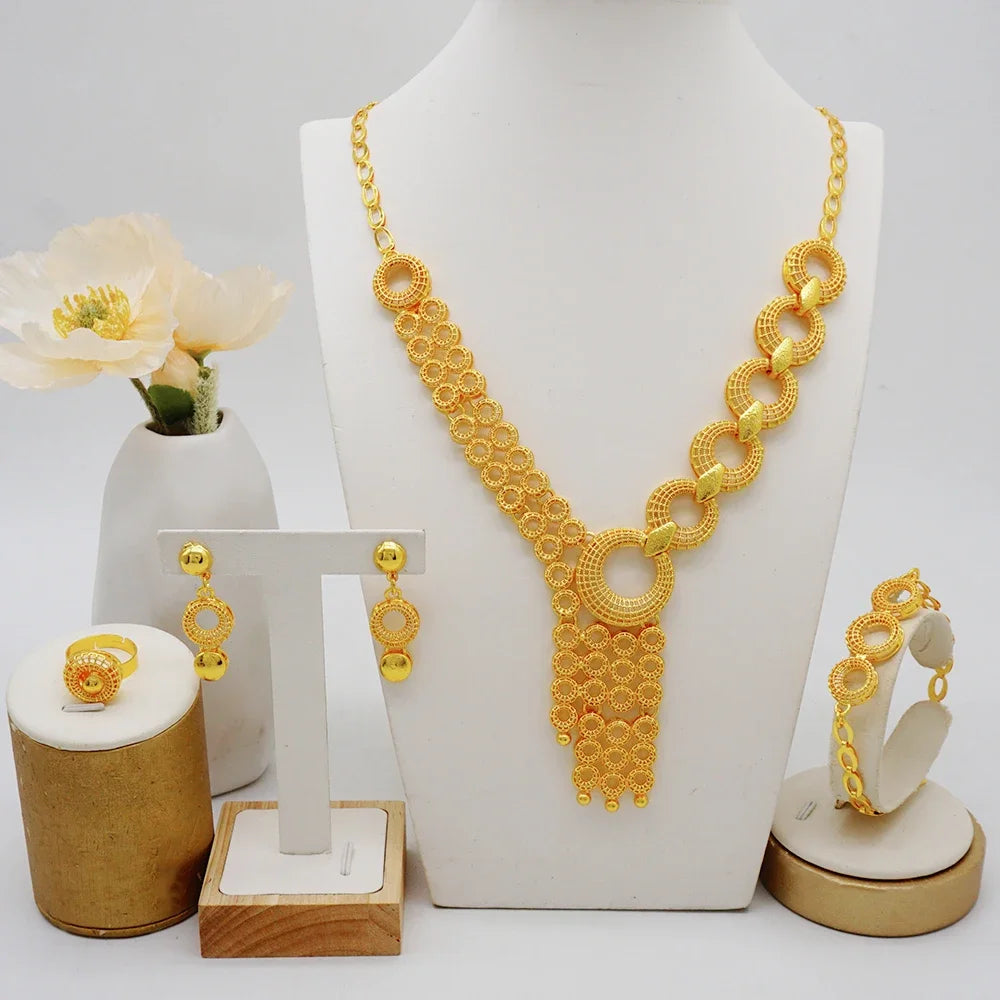 Arabic Women Gold Color Jewelry Sets Featured Round Pendant Earrings Rings Bracelets Suitable for Wedding Banquets Parties