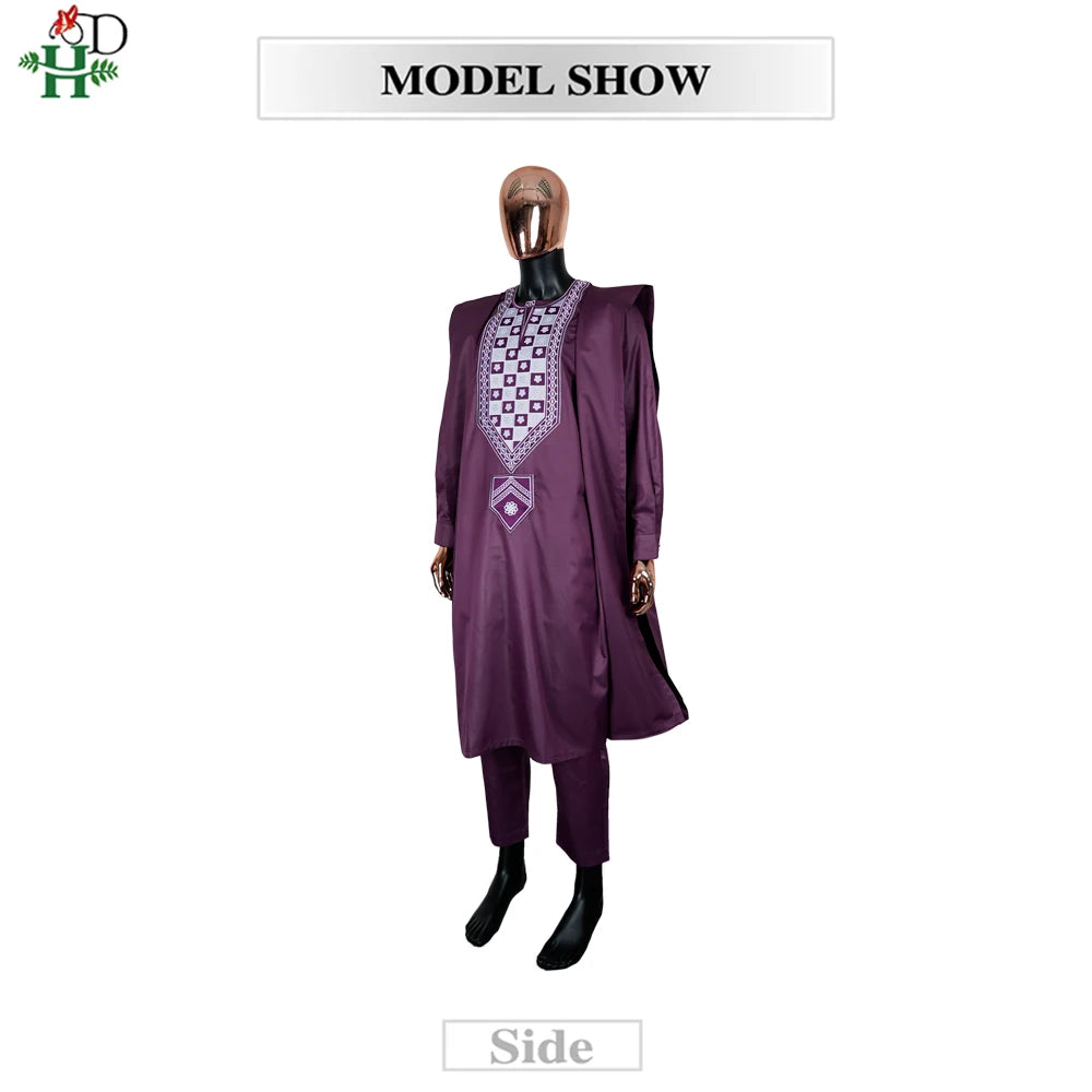 H&D African For Men Traditional 3PCS Outfit Thobe Set Purple Agbada Embroidered Robe Plus Size Wedding Christmas BouBou Ramadan