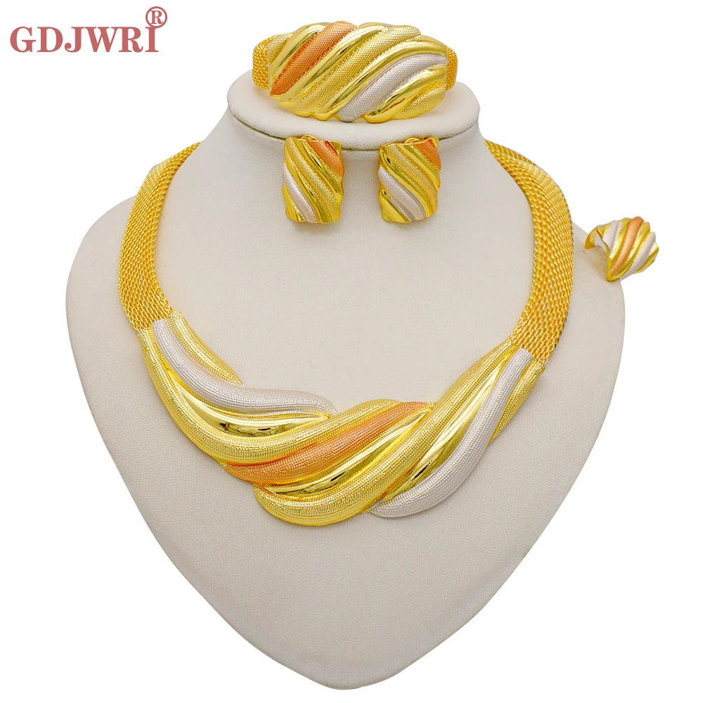 Necklace Sets For Women Dubai African Gold Color Jewelry Set Bride Earrings Rings Indian Nigerian Wedding Jewelery Set Gift