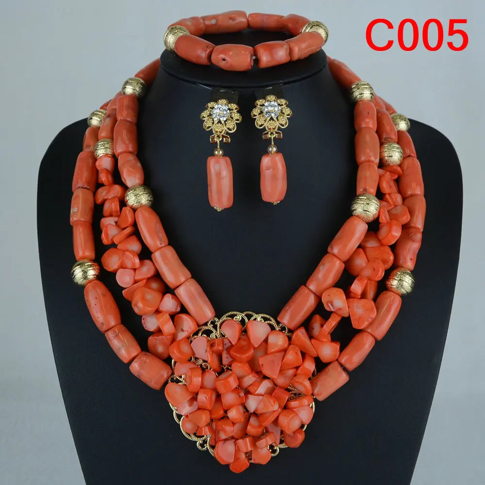 Fashion Nigerian Coral Beads Necklace Earrings Set for Bride New African Wedding Jewelry Set