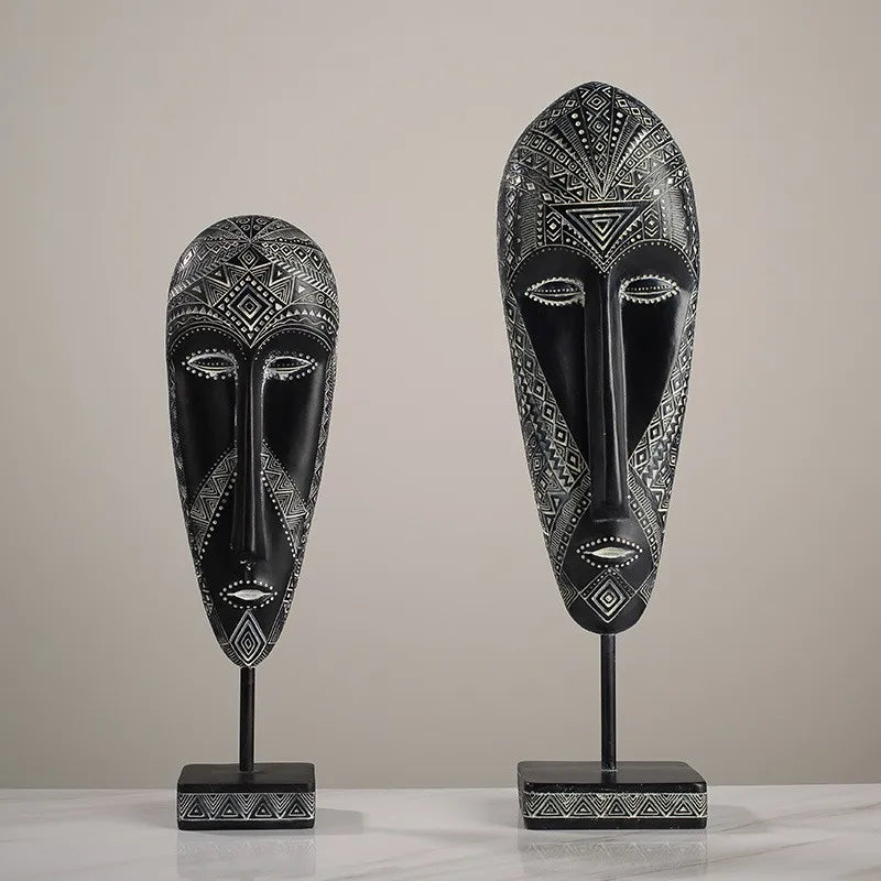 African Style Face Mask Ornament Sculpture Decoration Resin Arts And Crafts Originality Pattern Carving Retro With Base For Home