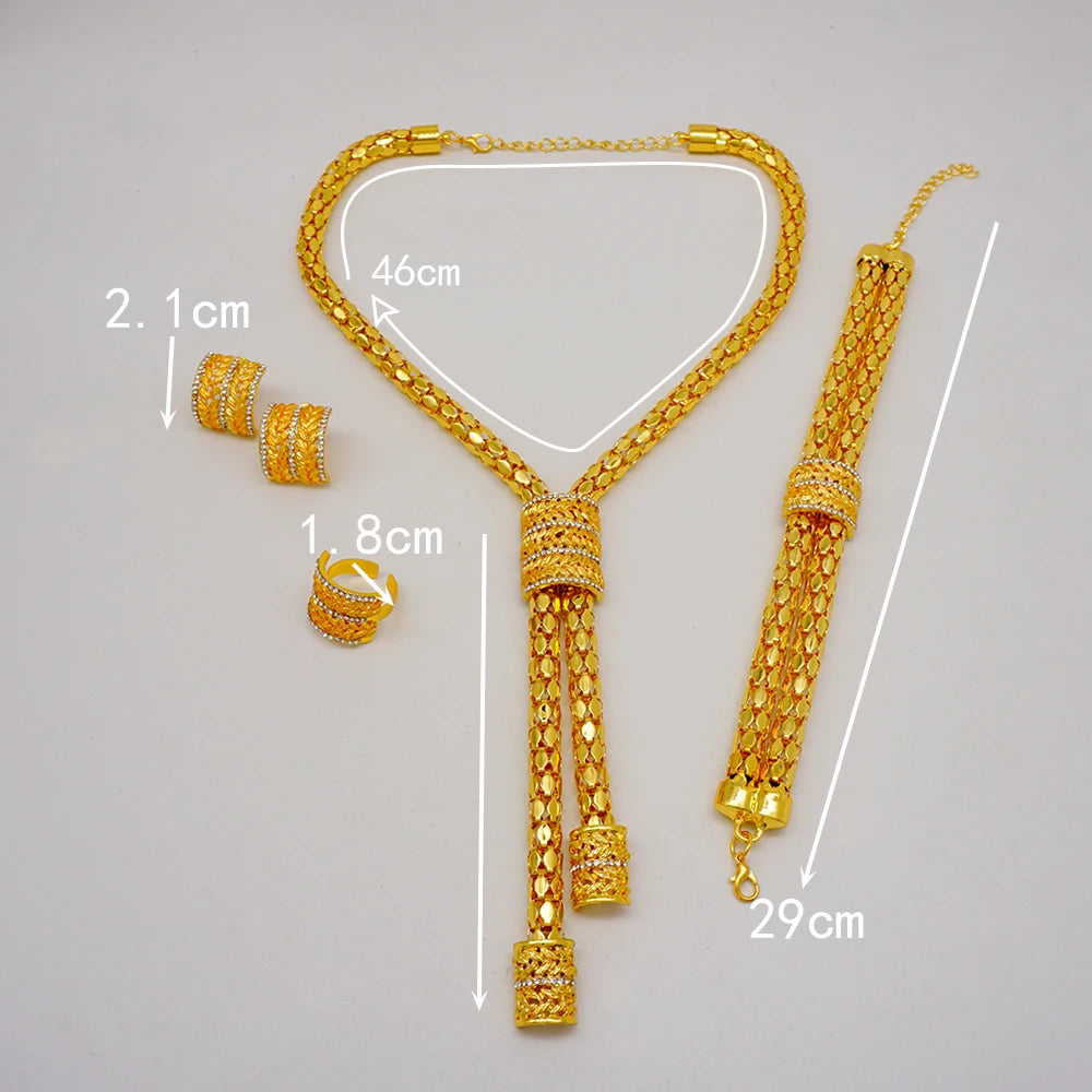 Trendy Nigerian Dubai Gold Color Jewelry Set For Women Tassel Long Chain Bridal Long Necklace Bracelet Earring Ring Wedding Sets