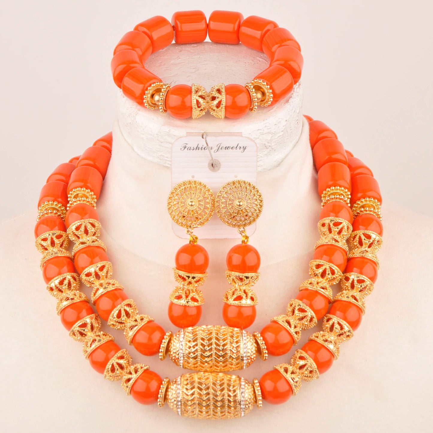 Orange Nigerian Artificial Coral Bead Necklace African Jewelry Sets