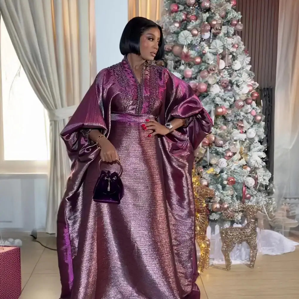 fashion turkey dresses for woman luxury elegant 2025 V-neck rhinestones dresses for church boubou  african dresses