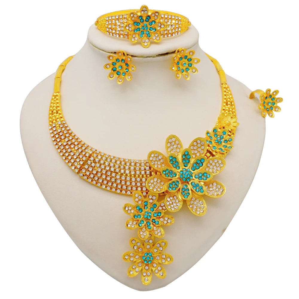 Dubai Gold Color Jewelry Set For Woman Bridal Nigerian African Long Chain Necklace Earrings Bracelet Ring Jewellery Set