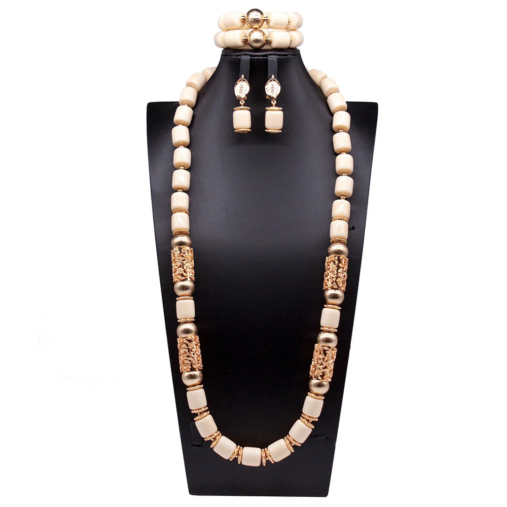 Long Fashion Wedding Beads Necklace White Artificial Coral Bridal Jewelry Sets African Beads Jewelry Set  ABK261