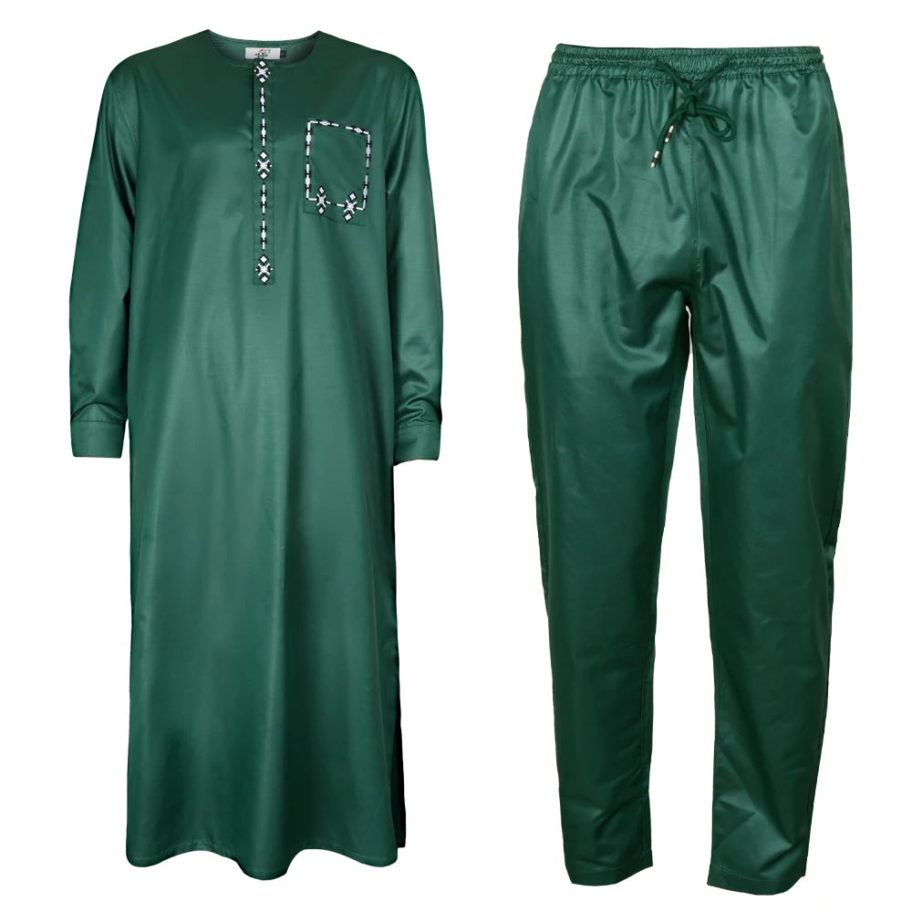 H&D 2025 African Nigerian Fashion Men Green Traditional Outfits Muslim Thobe Suit Complete Print 2 PCS Clothing Ramadan Sets