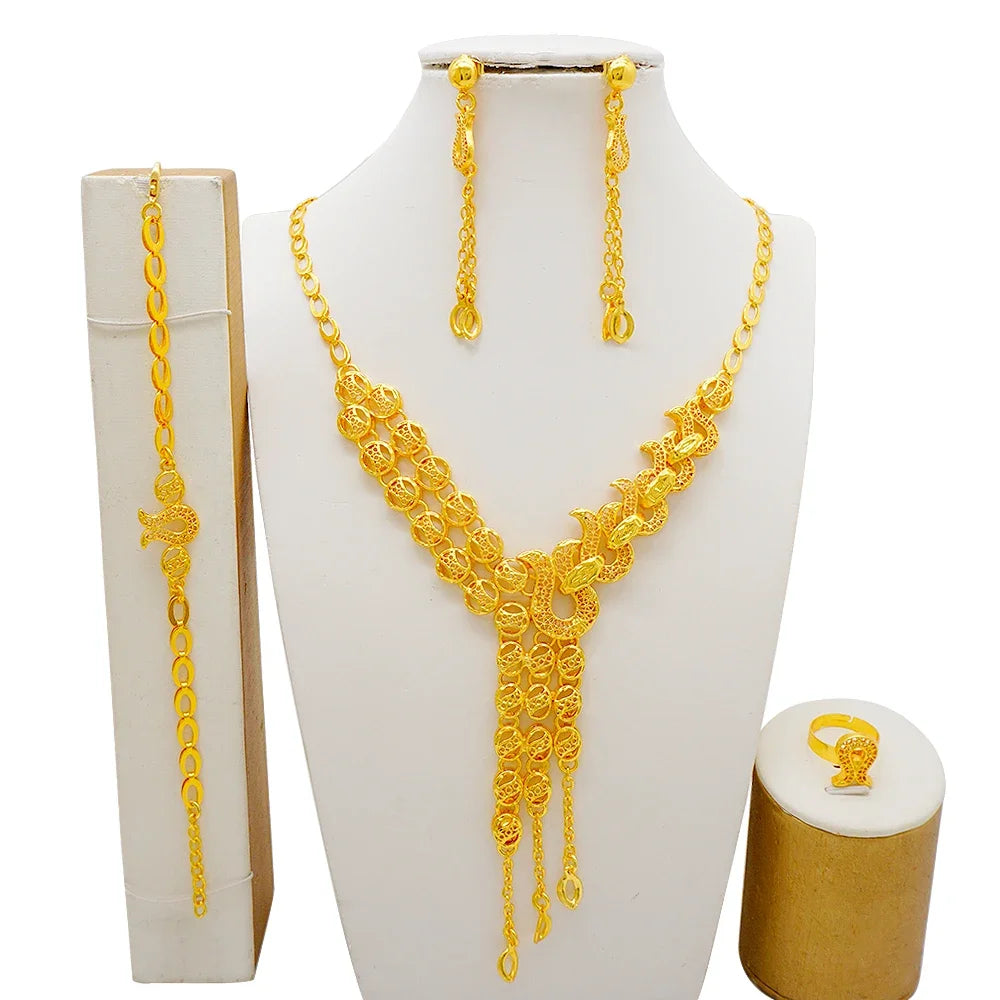 Arabic Women Gold Color Jewelry Sets Featured Round Pendant Earrings Rings Bracelets Suitable for Wedding Banquets Parties