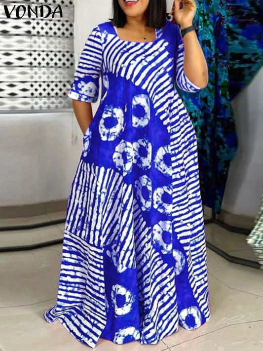 Plus Size Women Bohemian Maxi Dress 2025 Summer Printed Long Sundress VONDA Beach Party Vestidos Half Sleeve Casual Loose Robe