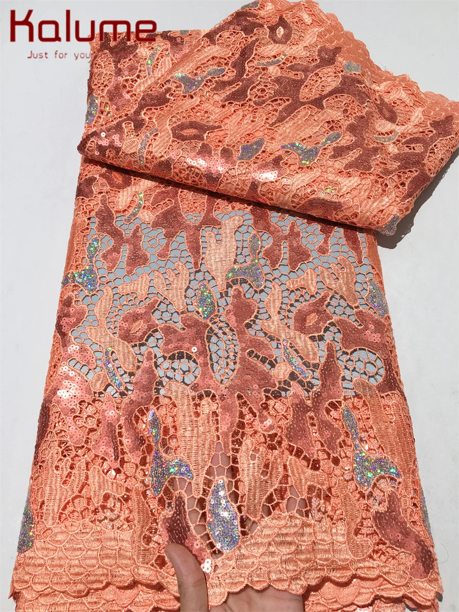 Kalume African Sequins Lace Fabric 2025 High Quality Material Nigerian Guipure Cord Lace Fabric for Party Dress Sewing F4058