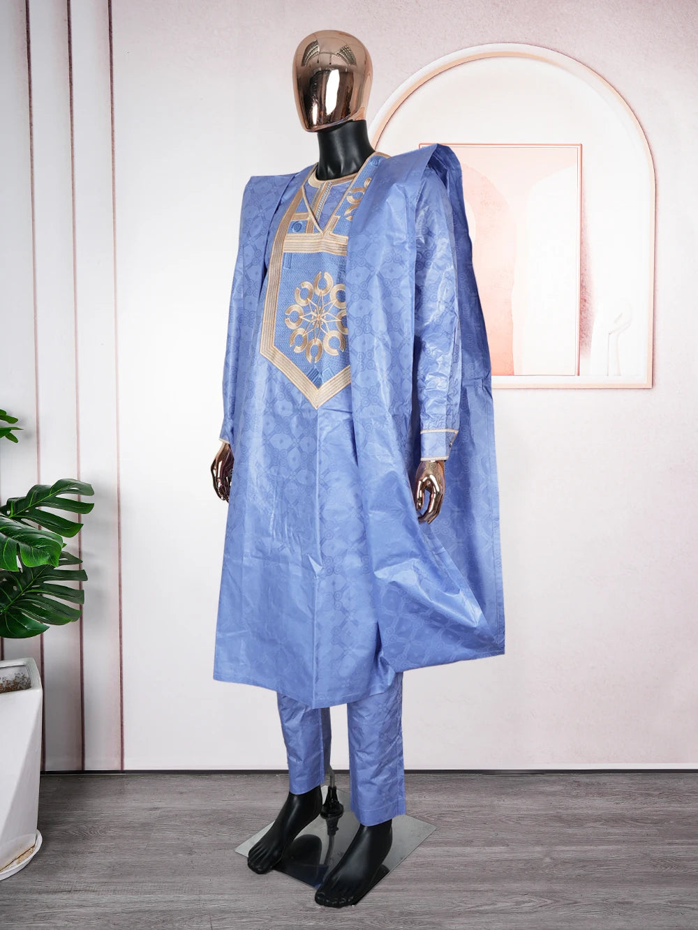 H&D African Traditional Muslim Ramadan Embroidery Wedding Party Thobe Bazin Riche Outfits 3PCS Robe Suit No Cap For Men Agbada
