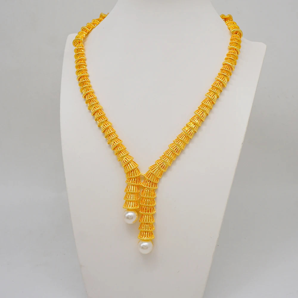 Trendy Nigerian Dubai Gold Color Jewelry Set For Women Tassel Long Chain Bridal Long Necklace Bracelet Earring Ring Wedding Sets