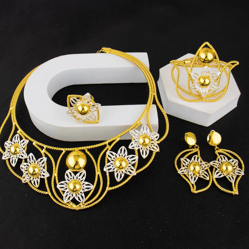 Exaggerated Gold Color Hollow Flower Shape Necklace Earrings Ring Bracelet Set for Women Gold Plated Jewelry Gift for Party