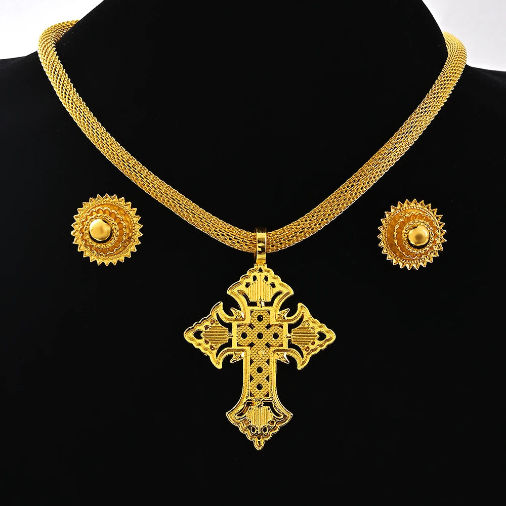 Saudi Arabia 24K Gold Color Ethiopia Women Jewelry Necklace Earring African Arab Bridal Set Habesha Eritrea Party Gift