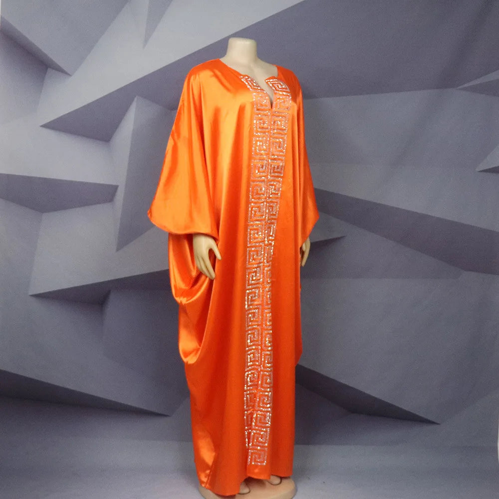 2025 High Quality African Women Plus Size Dress Bat Sleeve V Neck Robes Diamond Dashiki Maxi Dresses Muslim Femme Elegant Abayas