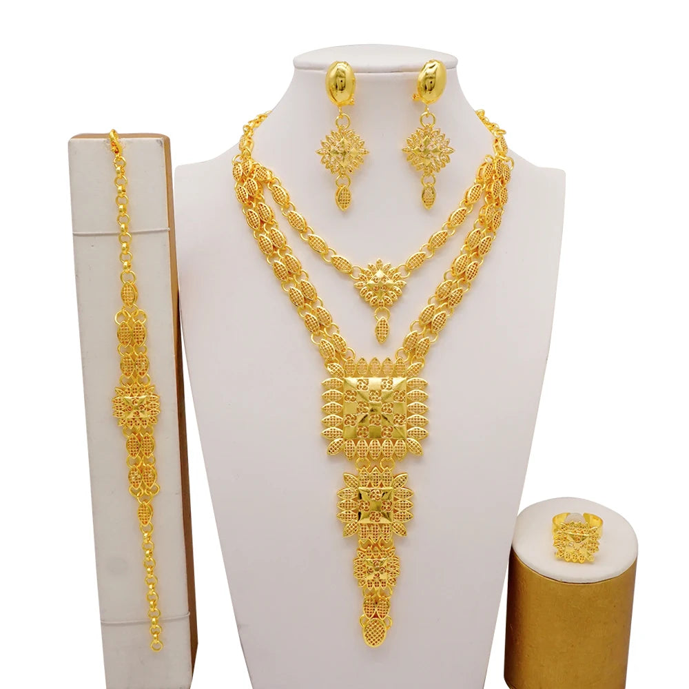 Dubai Gold Color Jewelry Set For Woman Bridal Nigerian African Long Chain Necklace Earrings Bracelet Ring Jewellery Set