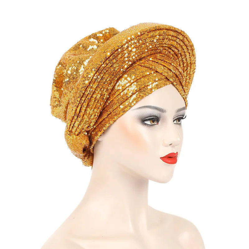 African Already Made Hat Auto Gele Women Hijab Headtie Nigeria Wedding Party Gele Female Head Wraps Headpiece Sequin Turban Caps