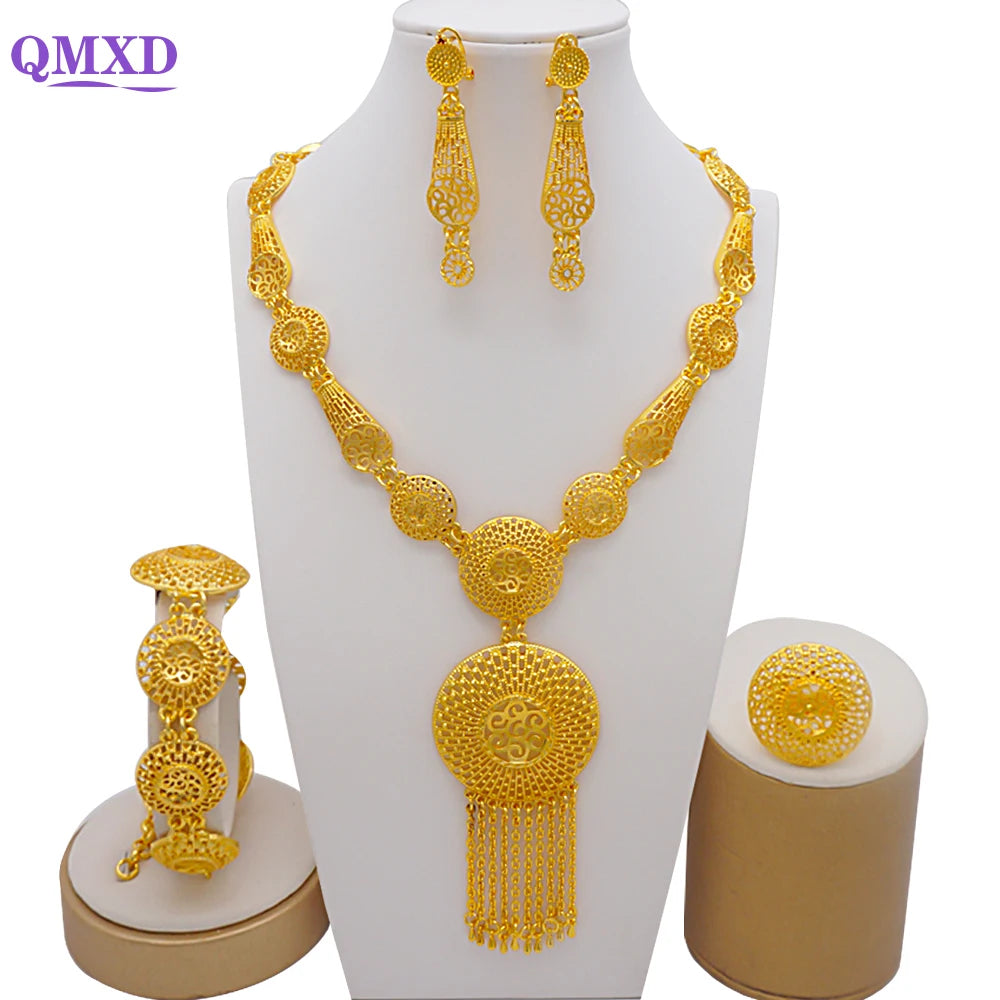 Trendy Nigerian Dubai Gold Color Jewelry Set For Women Tassel Long Chain Bridal Long Necklace Bracelet Earring Ring Wedding Sets