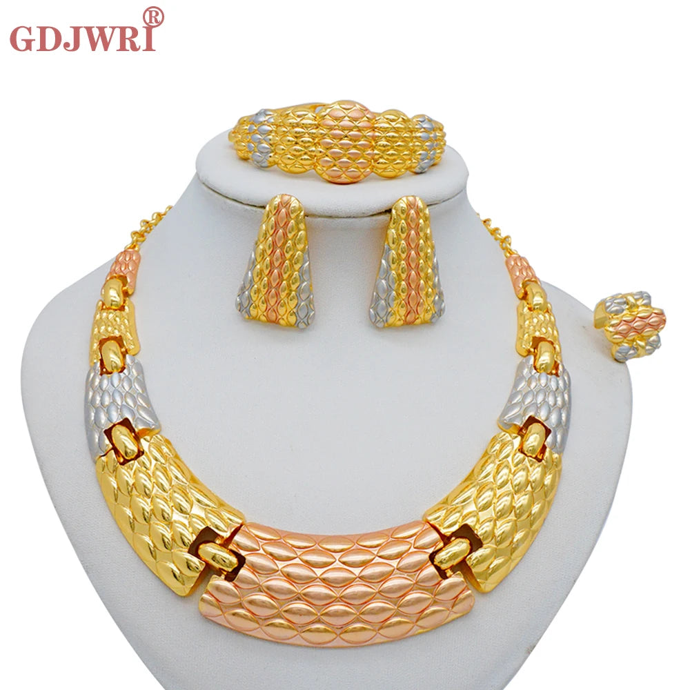 Necklace Sets For Women Dubai African Gold Color Jewelry Set Bride Earrings Rings Indian Nigerian Wedding Jewelery Set Gift