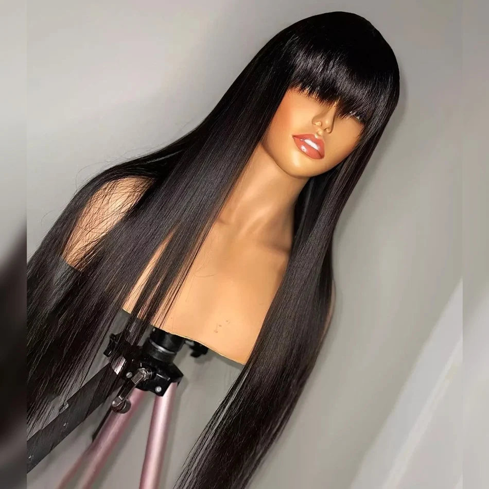 Silky Straight Human Hair Wigs With Bang Full Machine Made Wigs 8-30inch Natural Color AHJF Peruvian Remy Human Hair Wigs 180%