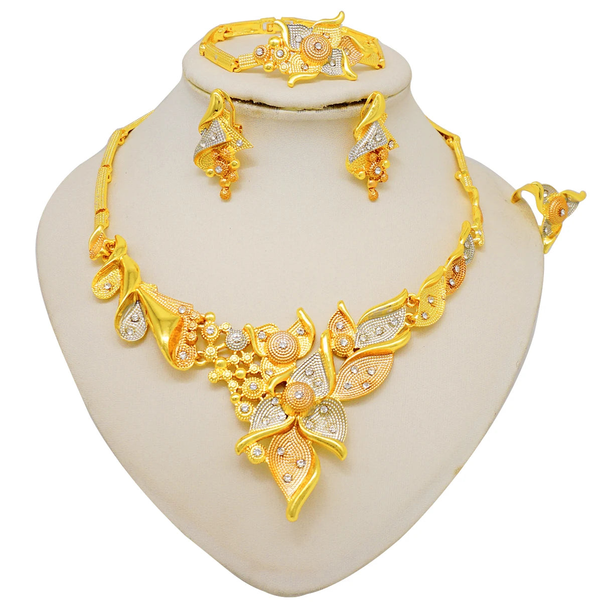 Nigeria Dubai Gold Color Fine Flowers Jewelry Sets African Wedding Gifts Party For Women Bracelet Necklace Earrings Ring Set