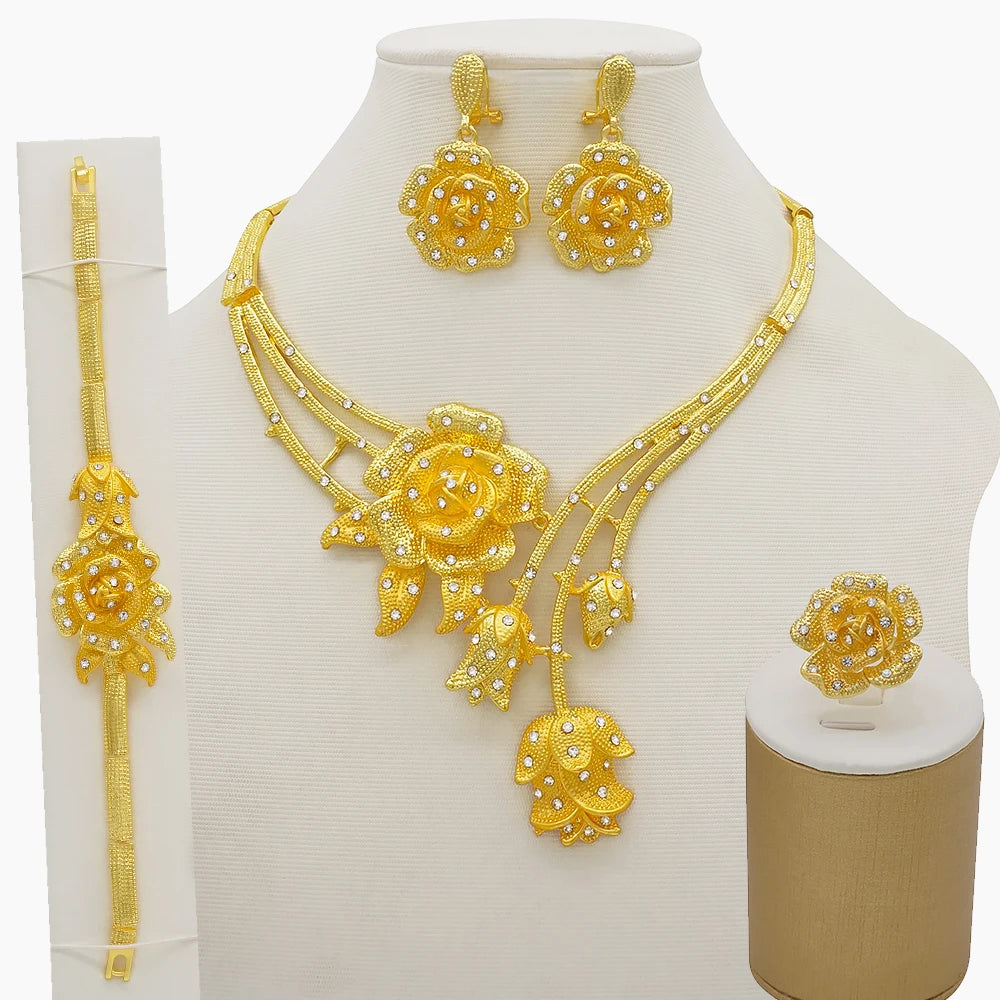 Nigeria Dubai Gold Color Fine Flowers Jewelry Sets African Wedding Gifts Party For Women Bracelet Necklace Earrings Ring Set