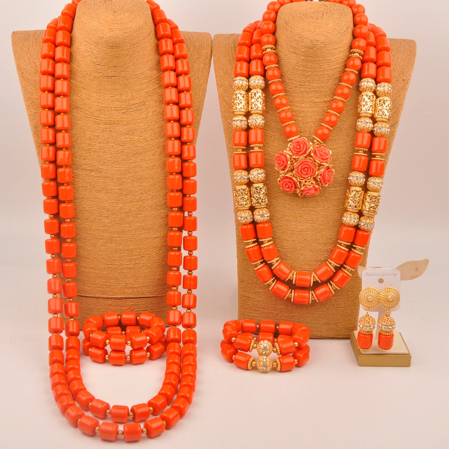 African Wedding Couple Set Orange Artificial Coral Beads Jewelry Set