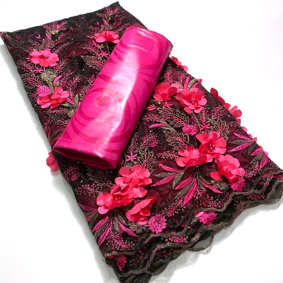 2.5 +2.5 Yards Latest African Lace Fabric 2025 High Quality Embroidered 3d Nigerian France Tulle Bazin Riche for Wedding Dress