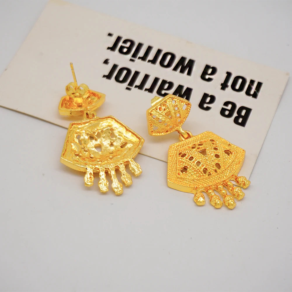 Trendy Nigerian Dubai Gold Color Jewelry Set For Women Tassel Long Chain Bridal Long Necklace Bracelet Earring Ring Wedding Sets