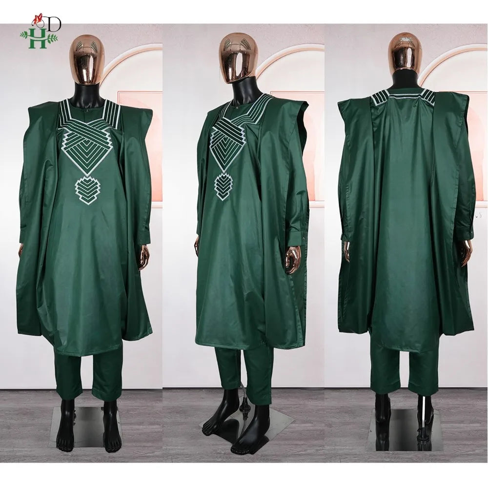 H&D African Clothes Plus Size For Men Elegant Party Wedding Thobe 3 PC Top and Pants Suits Set Daily Wear Embroidery Green Gown