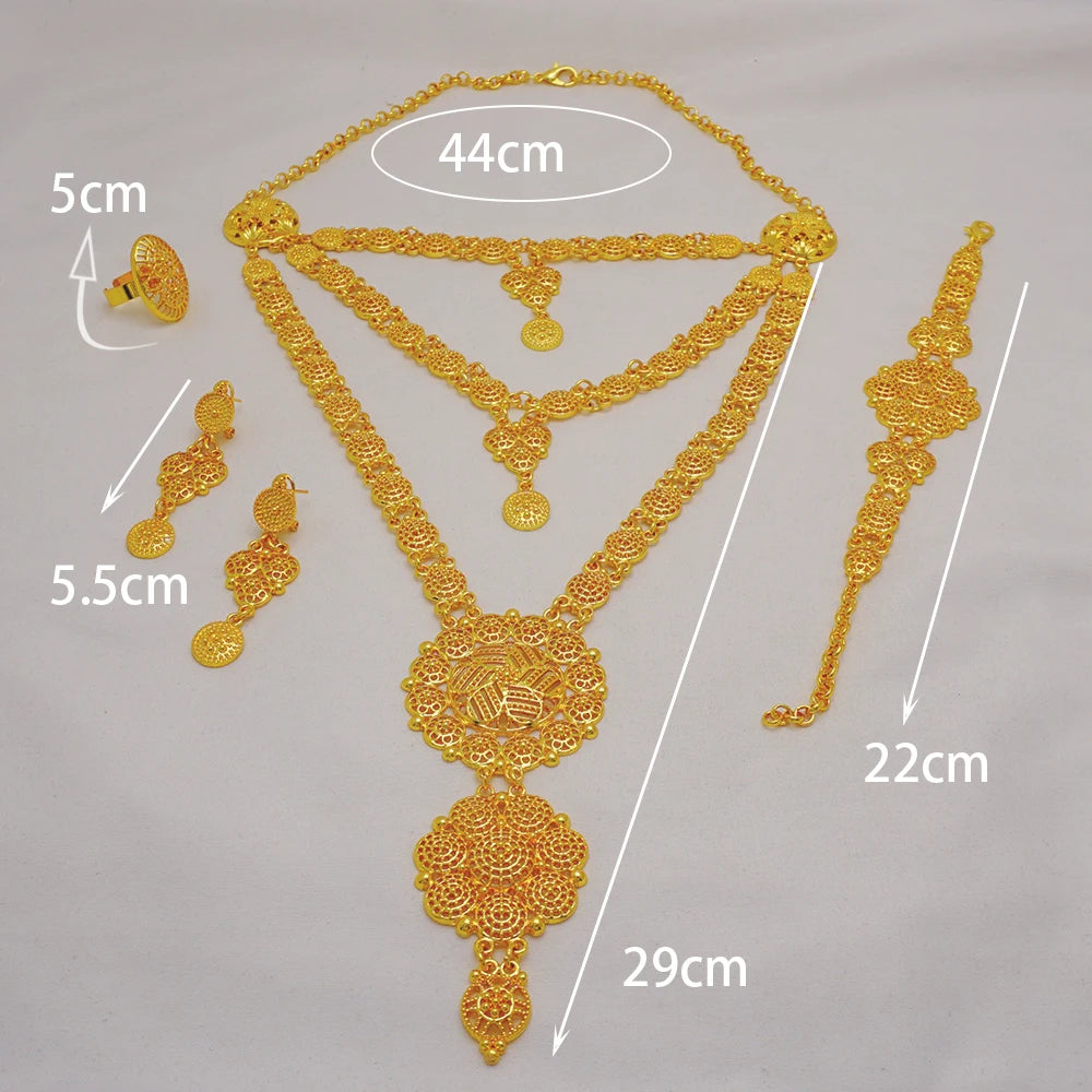 Trendy Nigerian Dubai Gold Color Jewelry Set For Women Tassel Long Chain Bridal Long Necklace Bracelet Earring Ring Wedding Sets