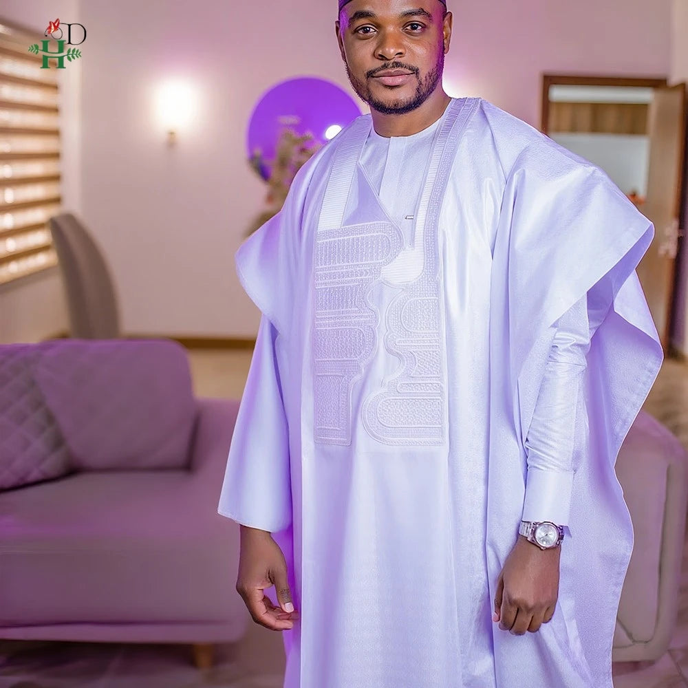 African Clothes Embroidery Bazin Riche Bubu Gown For Men Church Party Wedding Thobe 3 PC Top and Pants White Suit Set Daily Wear