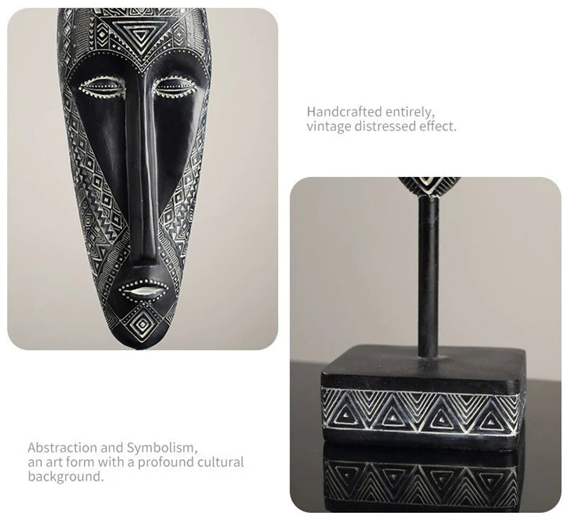 African Style Face Mask Ornament Sculpture Decoration Resin Arts And Crafts Originality Pattern Carving Retro With Base For Home