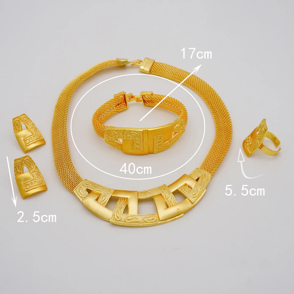 Nigeria Dubai Gold Color Fine Flowers Jewelry Sets African Wedding Gifts Party For Women Bracelet Necklace Earrings Ring Set
