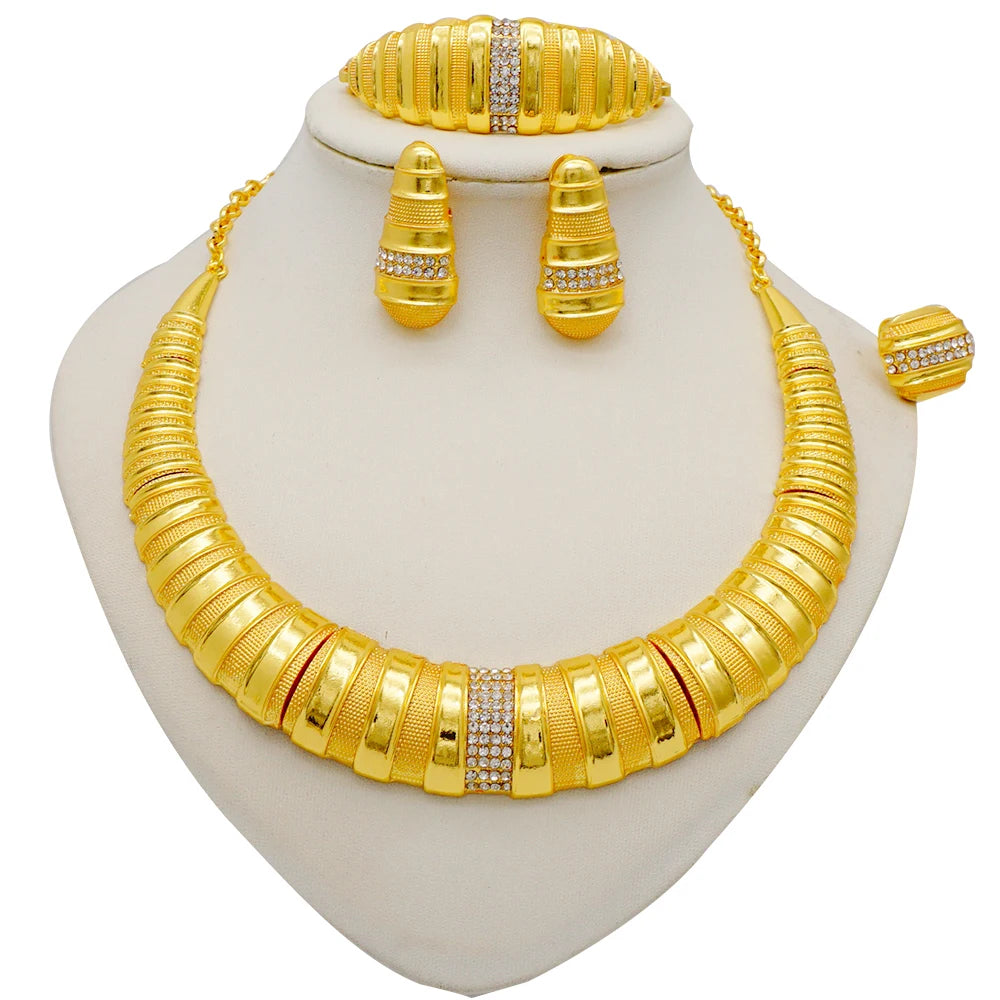 Necklace Sets For Women Dubai African Gold Color Jewelry Set Bride Earrings Rings Indian Nigerian Wedding Jewelery Set Gift