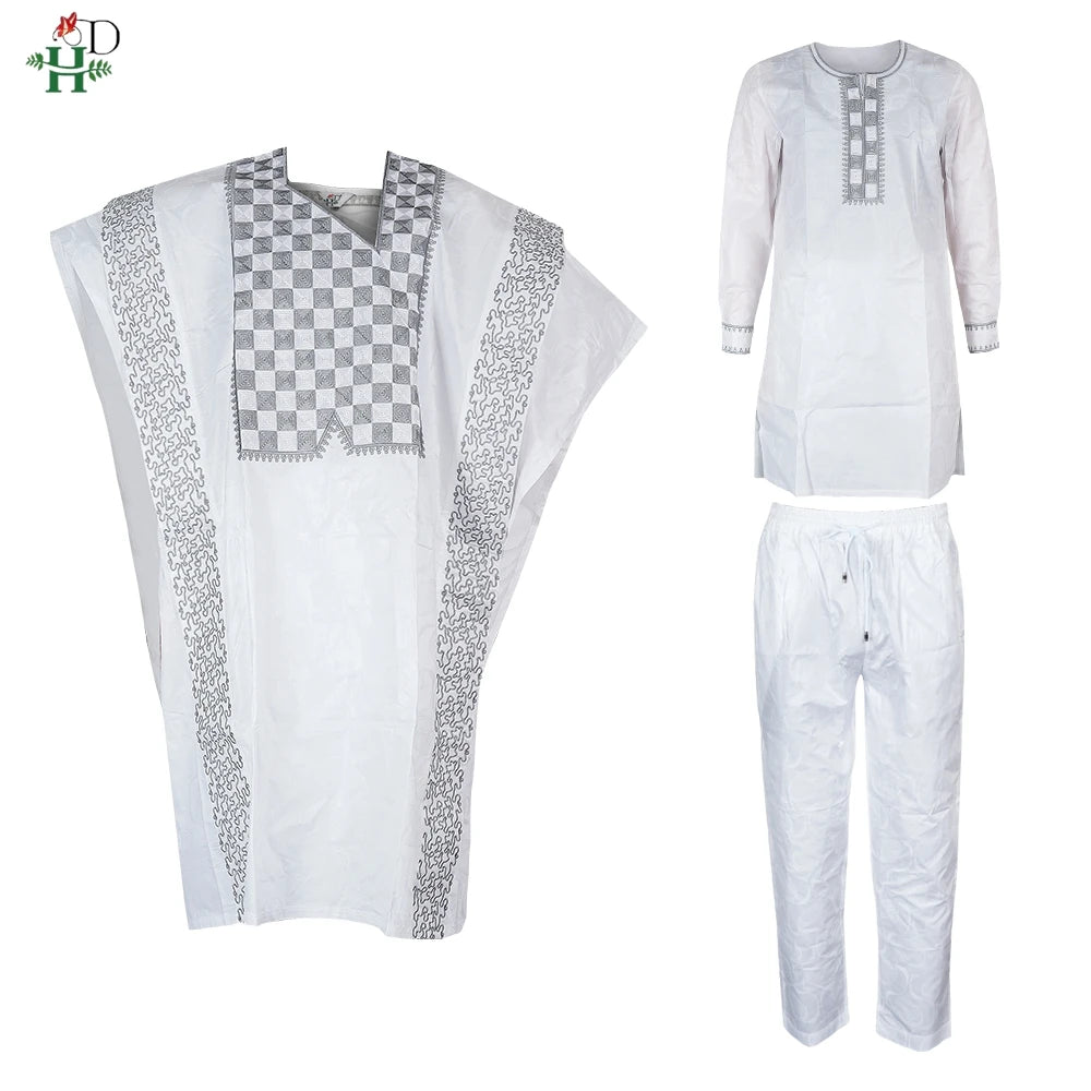 H&D New In African Summer Men's Long Sleeve Suit White Embroidery Dashiki Shirt Pants Sets 3 Pieces Outfits Wedding Party 2025